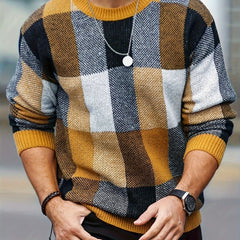 Men'S Casual Plaid Sweater - Cozy Crew Neck Pullover with Brown, Beige, Black & White Checkered Pattern, Loose Fit, Warm for Fall & Winter, Everyday Comfort, Sweater Vest