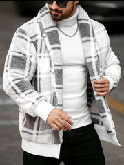 Men'S Plush Jacket - Black & Yellow Checkered Coat, Soft Thermal Insulation Lightweight Outerwear for Fall/Winter, Minimalist Formal & Everyday Blazers, Easy-Care Non-Lined Design, Fall Fashion, Classic Collar, Durable Constr