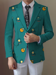 A teal men's blazer featuring a repeating cartoon pattern of pizza and beer mugs.