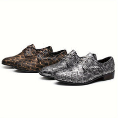 Two pairs of low-top lace-up dress shoes with a woven embossed pattern in bronze and silver.