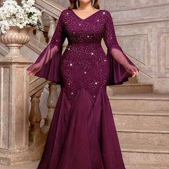 A plum-colored, floor-length mermaid gown featuring sequined lace, a V-neck, and sheer bell sleeves.