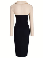 A back view of a long-sleeved, slim-fit pencil dress featuring a beige bodice and black skirt.