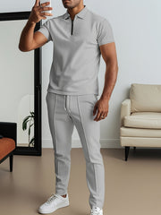 Men'S Waffle Texture Lapel Shirt And Pants Set - Polyester Short Sleeved Shirt, Zipper Access, Elastic Drawstring Waist Straight Leg Pants 5 Colors Suitable For Spring, Summer, Autumn, Beach, Outdoor Activities, Daily Wear, S