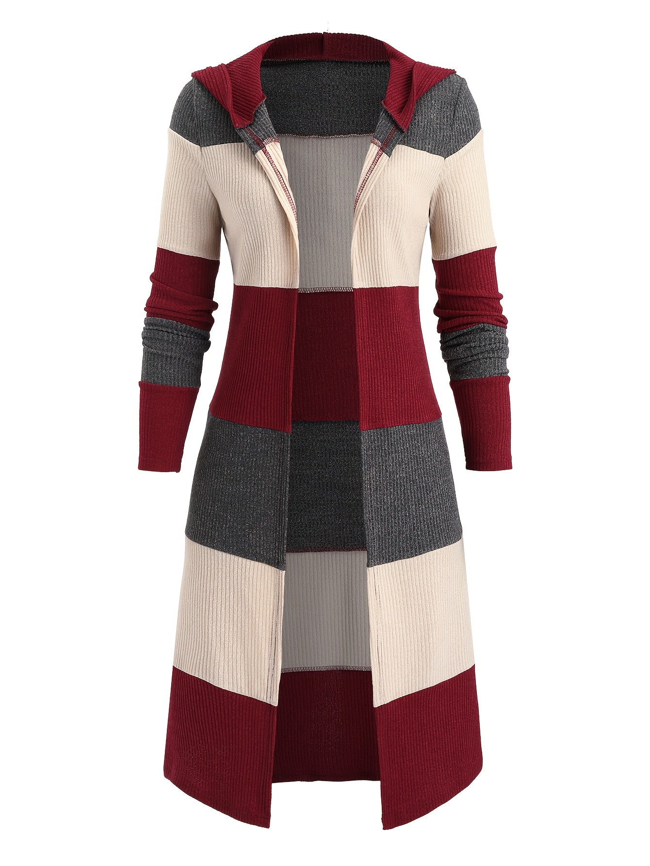A long-sleeved, hooded cardigan featuring a color-block pattern in maroon, beige, and dark gray.