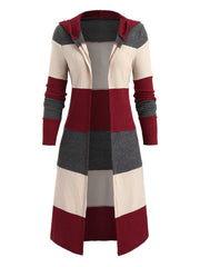 A long-sleeved, hooded cardigan featuring a color-block pattern in maroon, beige, and dark gray.