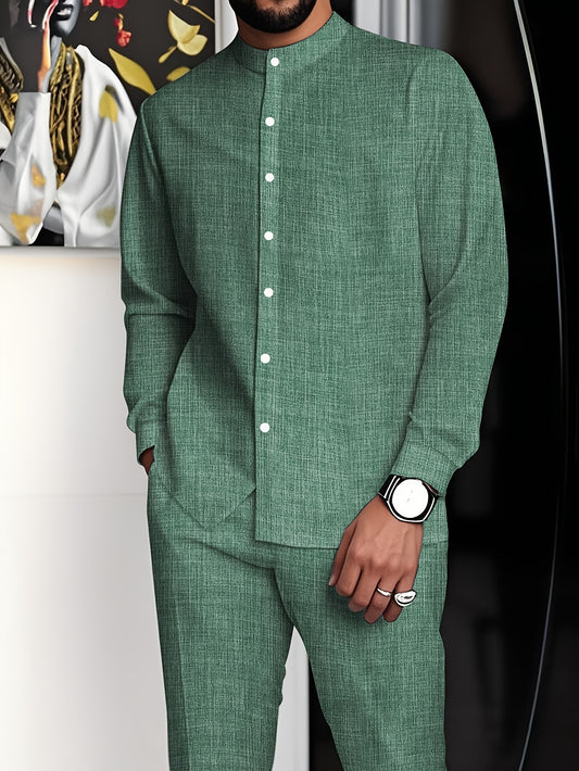 Men's minimalist Business Suit, Featuring a Stand Collar Long-Sleeved Button-Up Shirt and Straight-Cut Pants, with Solid Color and Simple Design, Exuding a Minimalist and Elegant Charm, Suitable for Business Meetings and Casu