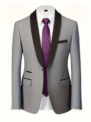 A grey suit jacket with a black shawl collar worn over a white shirt and a purple patterned tie.