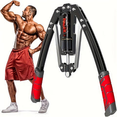 A hydraulic adjustable arm trainer with red non-slip handles and a black carbon steel frame.