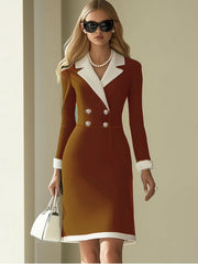 A woman wears a rust-colored, long-sleeved bodycon dress with a white lapel, cuffs, and hem.