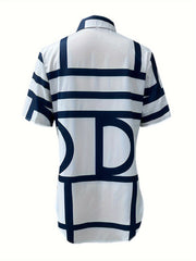 Women'S Geometric Print Short Sleeve Shirt, 100% Polyester, Woven Fabric, 105g/m², Lapel Collar, Button Front, All Seasons, Casual Shirting