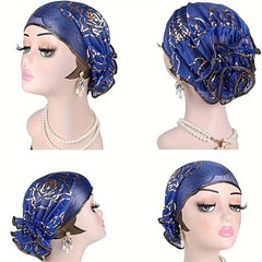 4pcs Elegant Floral Lace Turban Hats for Women - Stretchy Lightweight Breathable Polyester Hijab Scarf with Ruffled Edges, 4 Colors (White/Blue/Red/Golden) for Ramadan, Chemo, Everyday Glamour, Stylish Headwear, Sophisticated