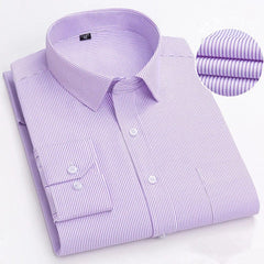 A long-sleeved, light purple and white pinstriped button-down shirt with a turn-down collar.