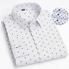 A white long-sleeve button-down shirt featuring a repeating black geometric print pattern.
