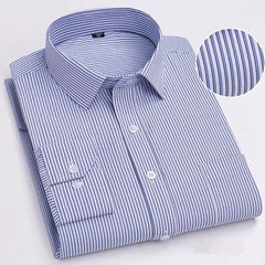 A long-sleeved, button-down men's shirt featuring a blue and white vertical striped pattern.