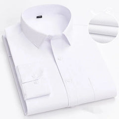 A white long-sleeve button-down shirt with a subtle diagonal weave texture.