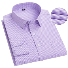 A folded long-sleeve men's button-down shirt in a light purple and white micro-check pattern.