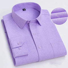 A long-sleeved, light purple button-down shirt with a subtle diagonal line pattern.