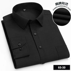 A long-sleeved black button-down shirt with a turn-down collar and a single chest pocket.