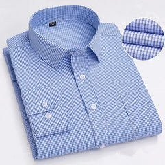 A long-sleeved, blue and white micro-check button-down shirt with a turn-down collar.