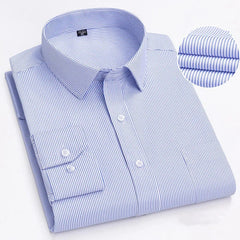A long-sleeved, button-down shirt with a blue and white pinstripe pattern and a turn-down collar.