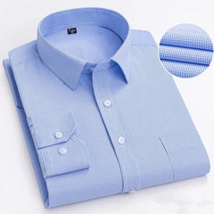 A light blue long-sleeved button-down shirt with a fine grid pattern and a turn-down collar.