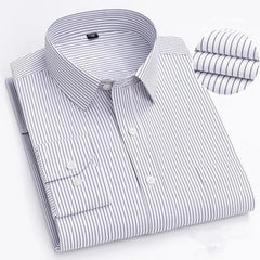 A white long-sleeved button-down shirt with thin vertical black stripes and a turn-down collar.