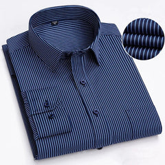 A long-sleeved navy blue button-down shirt with thin white vertical stripes.