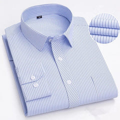 A folded men's long-sleeve button-down shirt with a blue and white pinstripe pattern.