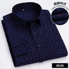 A navy blue long-sleeved button-down shirt featuring a small red and white geometric print.