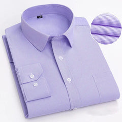 A light purple long-sleeved button-down shirt with a fine grid pattern and a turn-down collar.