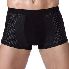 Men's black boxer briefs featuring a solid front panel and breathable mesh side panels.