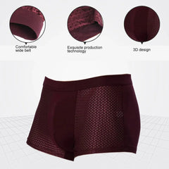 A pair of maroon men's boxer briefs featuring a wide waistband and mesh fabric panels.