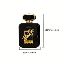 A black rectangular perfume bottle with a gold horse logo and dimensions labeled on a white background.