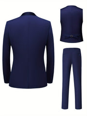 A three-piece navy blue suit set featuring a shawl collar jacket, vest, and slim fit trousers.