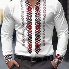 Men's Tribal Ethnic Print Long Sleeve Dress Shirt - 100% Polyester, Classic Collar & Button-Up Front, Machine Washable, Spring/Fall Casual to Formal Wear