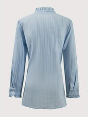 A light blue long-sleeve blouse featuring a ruffled collar, puffed shoulders, and ruffled cuffs.