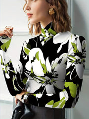 1pc Women'S Sexy Floral Print High Neck Turtleneck Long Sleeve T-Shirt, 100% Polyester Knit Fabric, Regular Length All-Season Top