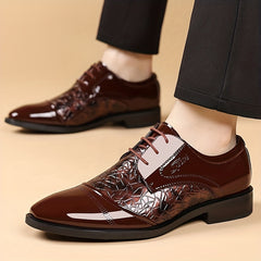 KJSOP Men'S Glossy Brown Faux Cover Dress Shoes - Glossy Brown Pointed Toe Business & Wedding Shoes with Glossy Brown Lace-Up Closure, Cushioned Insole & Non-Slip Rubber Sole, Formal & Semi-formal Footwear For Office, Wedding