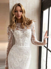 Beautiful Wedding Dresses With Detachable Train O - Neck Long Sleeves Bridal Gowns Lace Appliques 2024 Vintage Vestidos De Novia - SHOWLU FASHION STORE