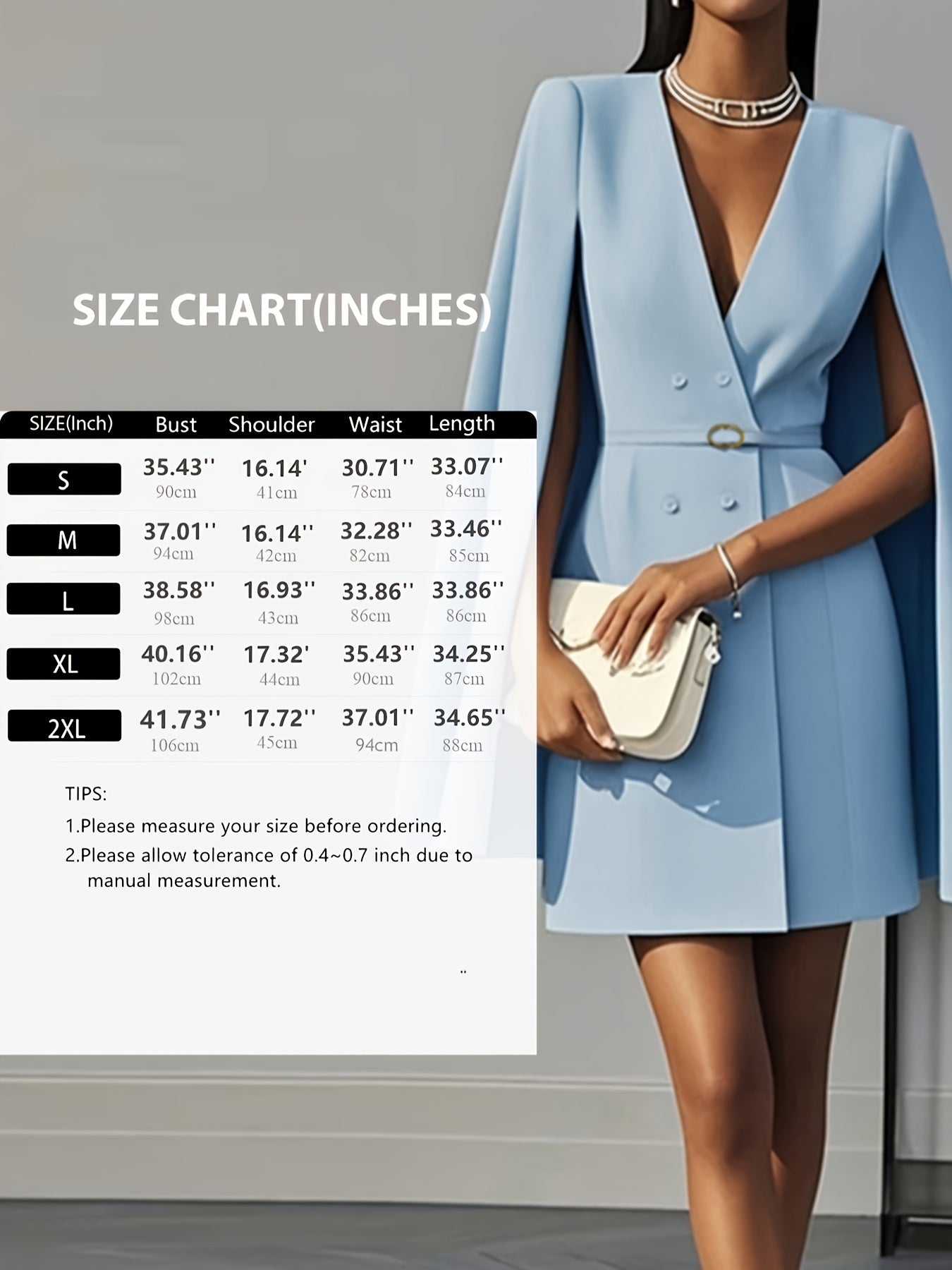 A light blue V-neck cape sleeve mini dress with a belted waist and a size chart overlay.
