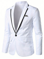 A white men's casual blazer featuring a black lapel trim and a single front button closure.