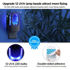 A plug-in insect trap with blue and UV LED lights and a replaceable adhesive board.