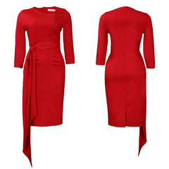 A red midi-length pencil dress with three-quarter sleeves, a round neckline, and a side tie detail.