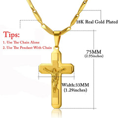A gold-colored stainless steel crucifix pendant necklace with a link chain.