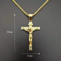 A gold-colored stainless steel crucifix pendant on a link chain measuring 60mm by 31mm.