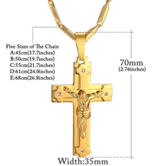 A gold-colored stainless steel crucifix pendant necklace for men with a link chain.