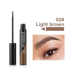 A light brown peel-off eyebrow gel with an applicator brush and a sample of the finished look.