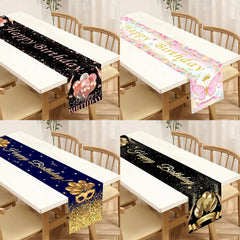 Four different styles of Happy Birthday table runners displayed on wooden tables.