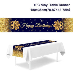 A black and gold vinyl table runner featuring a Happy Birthday design with balloon accents.