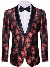 A black blazer with a red floral jacquard pattern, featuring a black shawl lapel and one button.